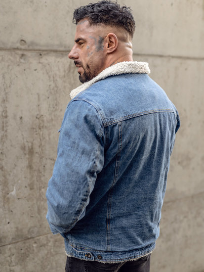 Giacca trucker in denim isolata con collo in montone da uomo azzurra Bolf 1157A