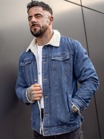 Giacca trucker in denim isolata con collo in montone da uomo blu Bolf 1109A