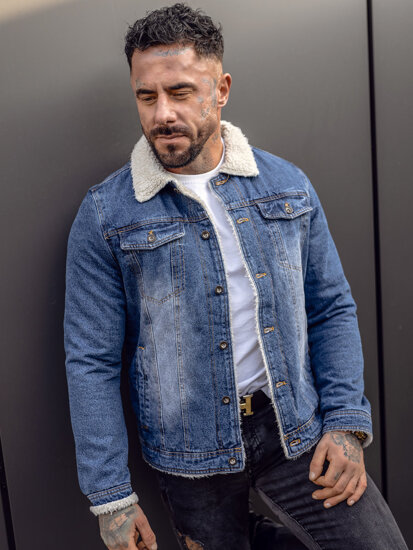 Giacca trucker in denim isolata con collo in montone da uomo blu Bolf 1153A