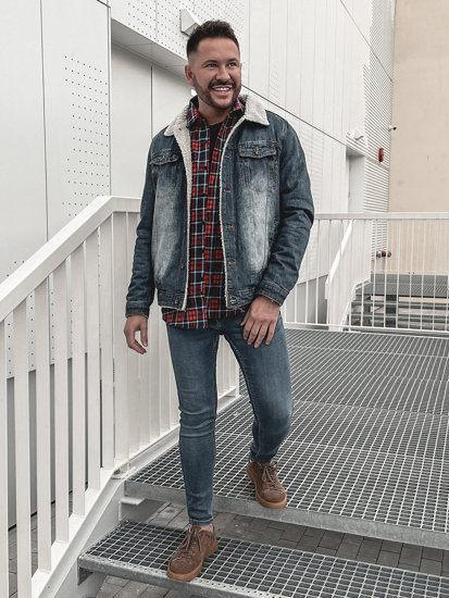 Giacca trucker in denim isolata con collo in montone da uomo blu Bolf 1155A