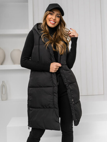 Gilet lungo trapuntato con cappuccio da donna nero Bolf 16M9093