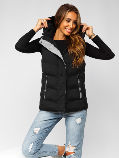 Gilet lungo trapuntato con cappuccio da donna nero Bolf 7051