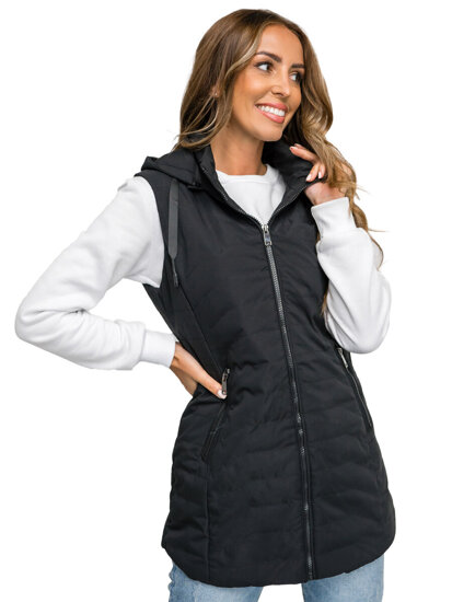 Gilet lungo trapuntato con cappuccio da donna nero Bolf 7633