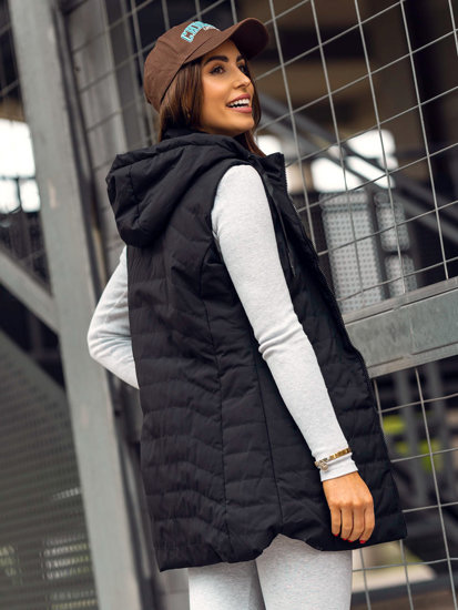 Gilet lungo trapuntato con cappuccio da donna nero Bolf 7633A