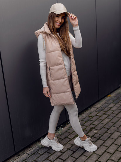 Gilet lungo trapuntato in ecopelle da donna beige Bolf AY756