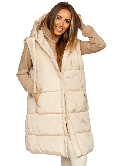 Gilet lungo trapuntato oversize da donna beige chiaro Bolf 81266