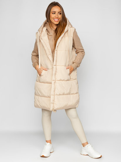 Gilet lungo trapuntato oversize da donna beige chiaro Bolf 81266