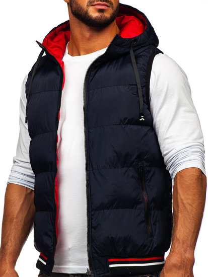 Gilet spesso trapuntato bilaterale con cappuccio da uomo blu-rosso Bolf 7127