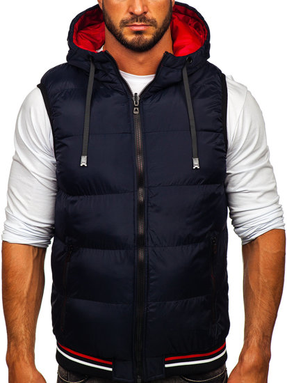 Gilet spesso trapuntato bilaterale con cappuccio da uomo blu-rosso Bolf 7127