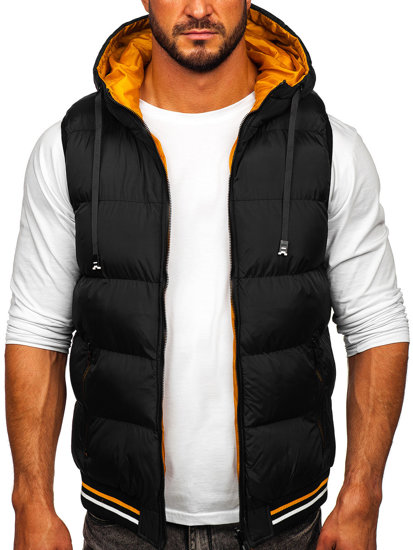 Gilet spesso trapuntato bilaterale con cappuccio da uomo nero-cammello Bolf 7127