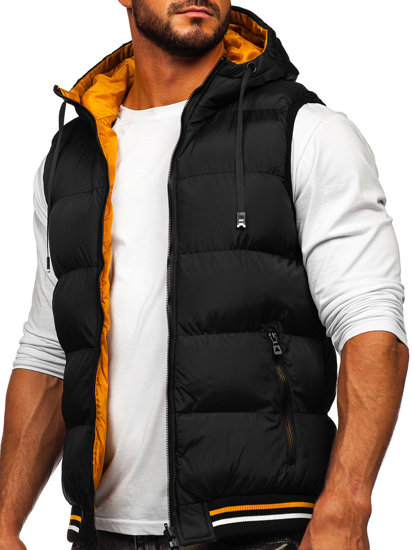 Gilet spesso trapuntato bilaterale con cappuccio da uomo nero-cammello Bolf 7127