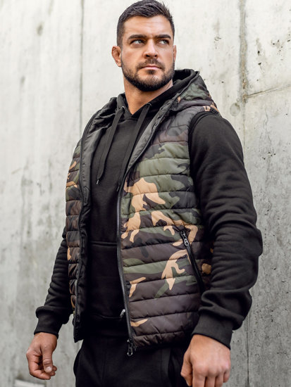 Gilet trapuntato con motivo mimetico e cappuccio da uomo khaki Bolf 7106A