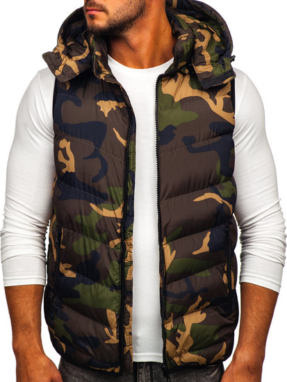 Gilet trapuntato da uomo con cappuccio mimetico in colore khaki Bolf 6876