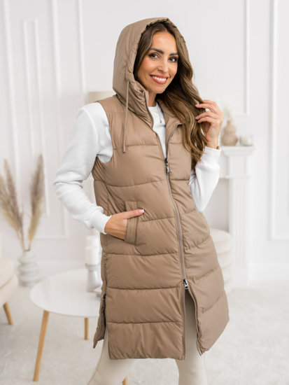 Gilet trapuntato lungo da donna beige Bolf B8212