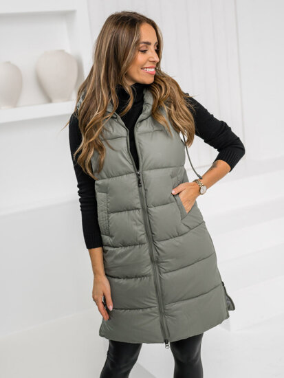 Gilet trapuntato lungo da donna khaki Bolf B8212