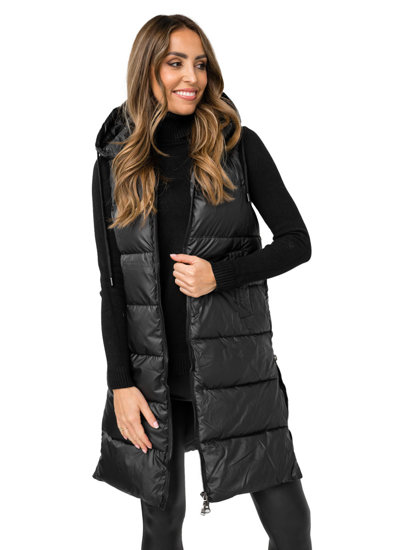 Gilet trapuntato lungo da donna nero Bolf R8212