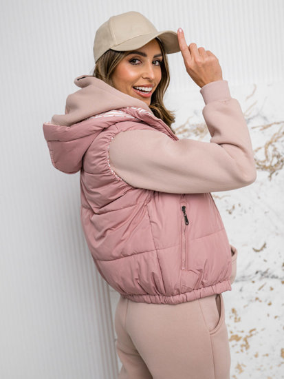 Gilet trapuntato spesso con cappuccio da donna rosa cipria Bolf 16M9091