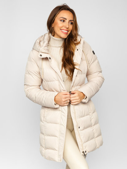 Giubbotto lungo trapuntato cappotto invernale con cappuccio da donna beige Bolf 7086