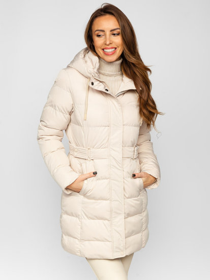 Giubbotto lungo trapuntato cappotto invernale con cappuccio da donna beige Bolf 7086