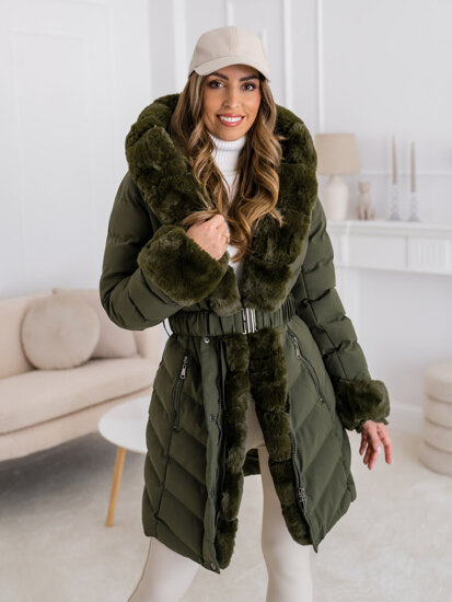 Giubbotto lungo trapuntato cappotto invernale con cappuccio da donna khaki Bolf 5M3156