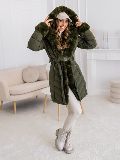 Giubbotto lungo trapuntato cappotto invernale con cappuccio da donna khaki Bolf 5M3156