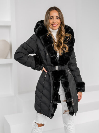 Giubbotto lungo trapuntato cappotto invernale con cappuccio da donna nero Bolf 5M3156