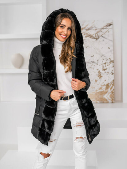 Giubbotto lungo trapuntato cappotto invernale con cappuccio da donna nero Bolf 5M3158