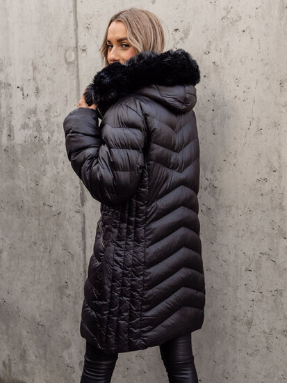 Giubbotto lungo trapuntato cappotto invernale con cappuccio da donna nero Bolf 5M3162B