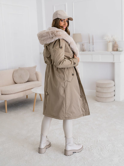 Giubbotto parka invernale lungo con cappuccio da donna beige Bolf B557