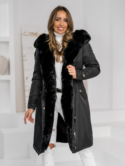 Giubbotto parka invernale lungo con cappuccio da donna nero Bolf B557