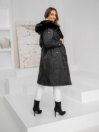 Giubbotto parka invernale lungo con cappuccio da donna nero Bolf B557