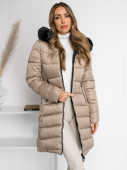 Giubbotto trapuntato bilaterale lungo invernale cappotto con cappuccio da donna beige Bolf B8202