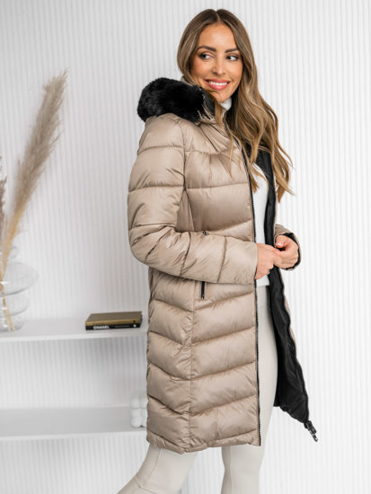 Giubbotto trapuntato bilaterale lungo invernale cappotto con cappuccio da donna beige Bolf B8202