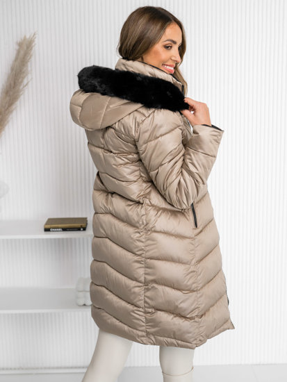 Giubbotto trapuntato bilaterale lungo invernale cappotto con cappuccio da donna beige Bolf B8202