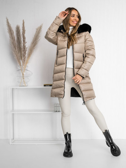 Giubbotto trapuntato bilaterale lungo invernale cappotto con cappuccio da donna beige Bolf B8202