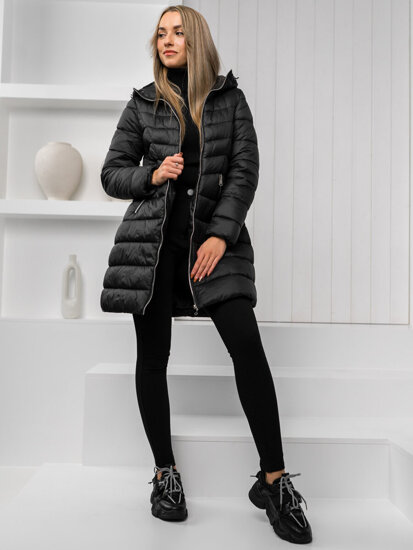 Giubbotto trapuntato lungo cappotto con cappuccio invernale da donna nero Bolf 11Z8083
