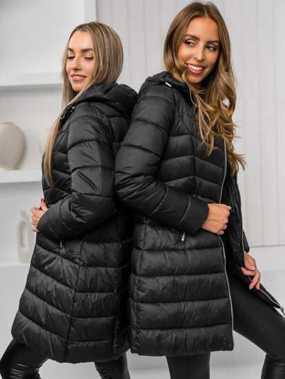 Giubbotto trapuntato lungo cappotto con cappuccio invernale da donna nero Bolf 11Z8083A