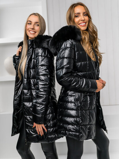 Giubbotto trapuntato lungo cappotto con cappuccio invernale da donna nero Bolf 16M9120A