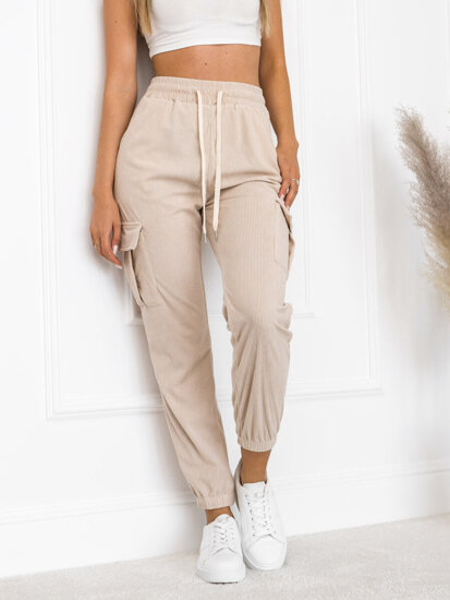 Pantaloni cargo jogger a righe da donna beige Bolf W7861