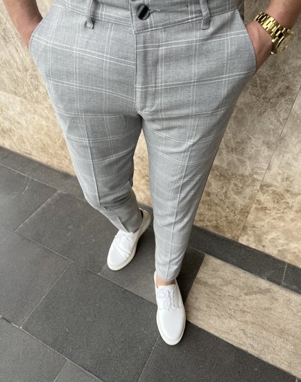 Pantaloni chino a quadri in tessuto da uomo grigio-bianchi Bolf 0036