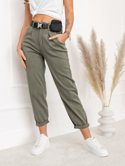 Pantaloni in denim a vita alta con cintura a marsupio da donna khaki Bolf LA688