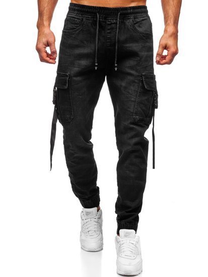 Pantaloni in denim jogger tipo cargo da uomo neri Bolf 8871