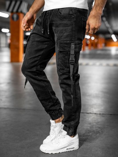 Pantaloni in denim jogger tipo cargo da uomo neri Bolf 8871