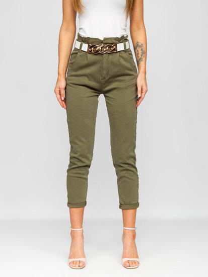 Pantaloni in jeans a vita alta con cintura da donna khaki Bolf LA687