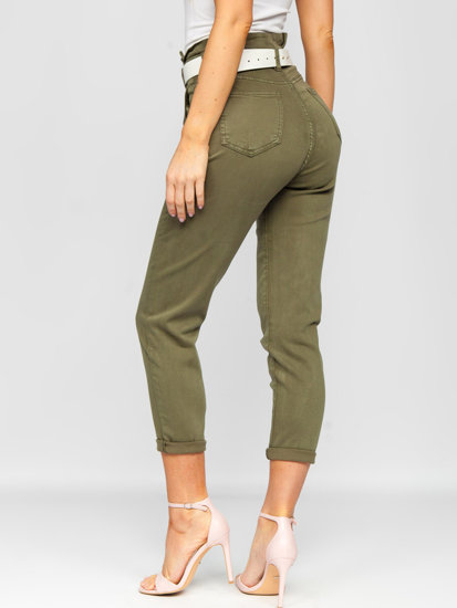 Pantaloni in jeans a vita alta con cintura da donna khaki Bolf LA687