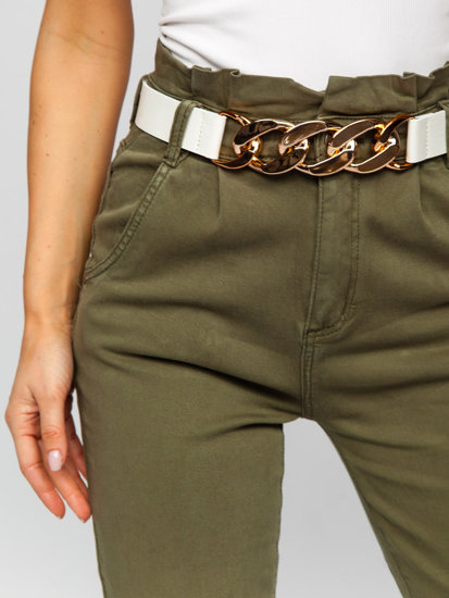 Pantaloni in jeans a vita alta con cintura da donna khaki Bolf LA687