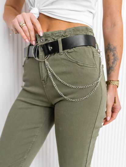 Pantaloni in jeans a vita alta con cintura da donna khaki Bolf LA689