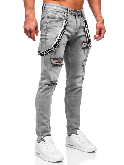 Pantaloni in jeans slim fit con bretelle da uomo grigi Bolf KX952