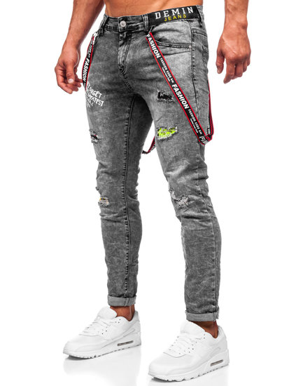 Pantaloni in jeans slim fit con bretelle da uomo neri Bolf KX968-C