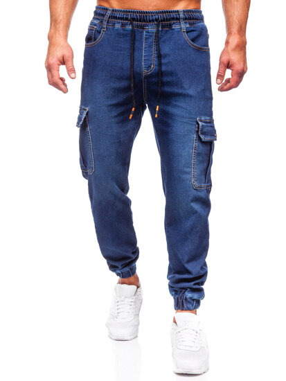 Pantaloni in jeans tipo cargo jogger da uomo blu Bolf 8115